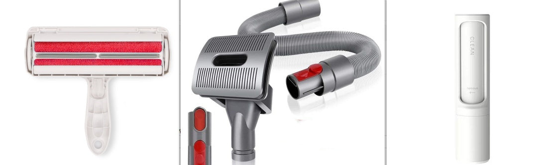 Pet hair remover brush shown with lint roller and vacuum attachments