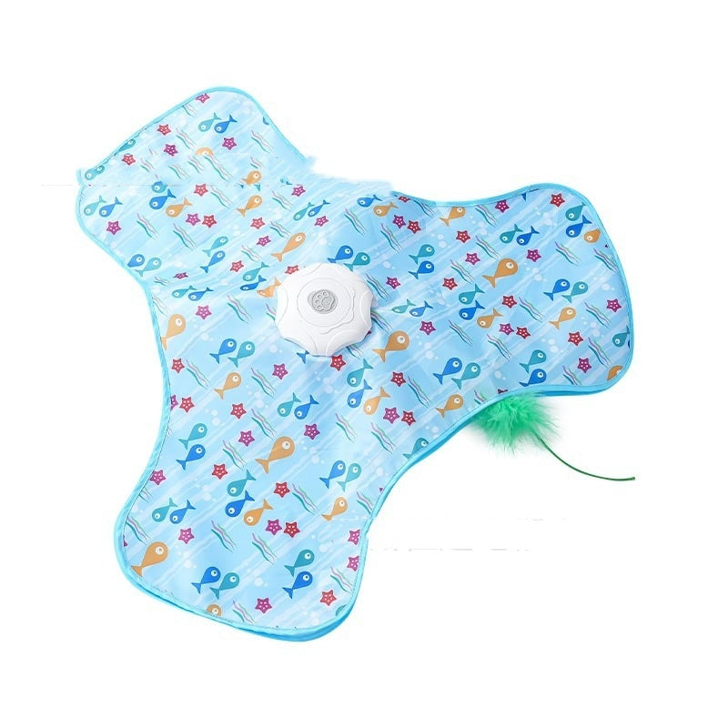 StalkWisp Triangle hide and seek cat toy with blue fish print fabric cover and a feather peeking out from under the edge