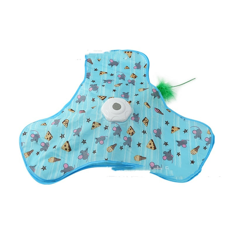 StalkWisp Triangle hide and seek cat toy with blue mouse and cheese print fabric cover and a green feather peeking out