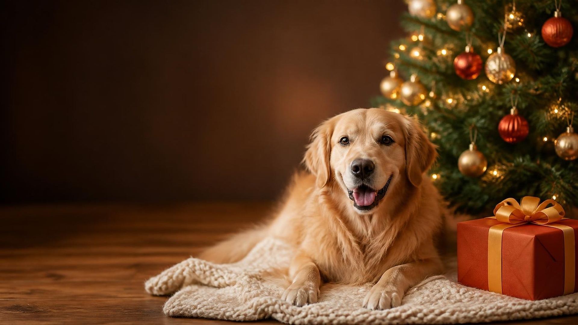 A happy golden retriever lying on a knit blanket next to a Christmas tree and a wrapped gift
